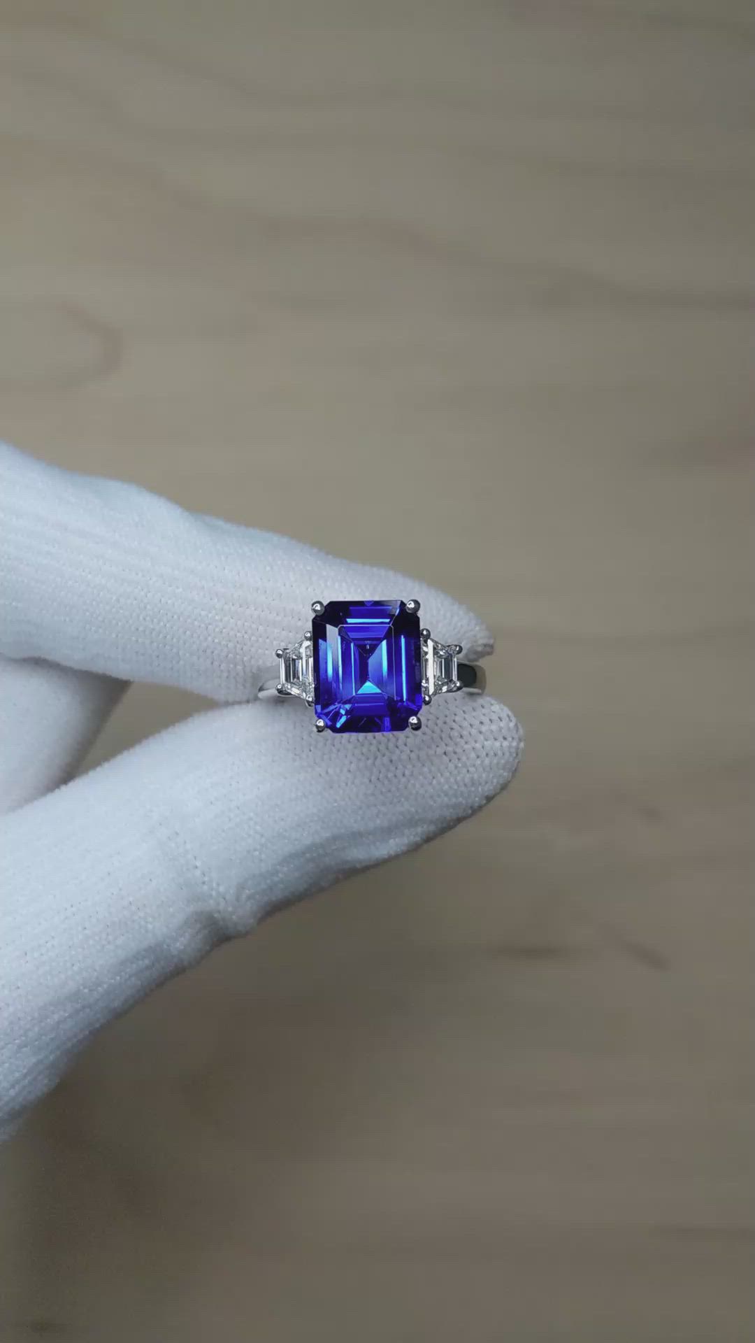 4.60 Ct. Violetish Blue Tanzanite and Natural Diamond Three Stone Ring, 18K White Gold Size Video