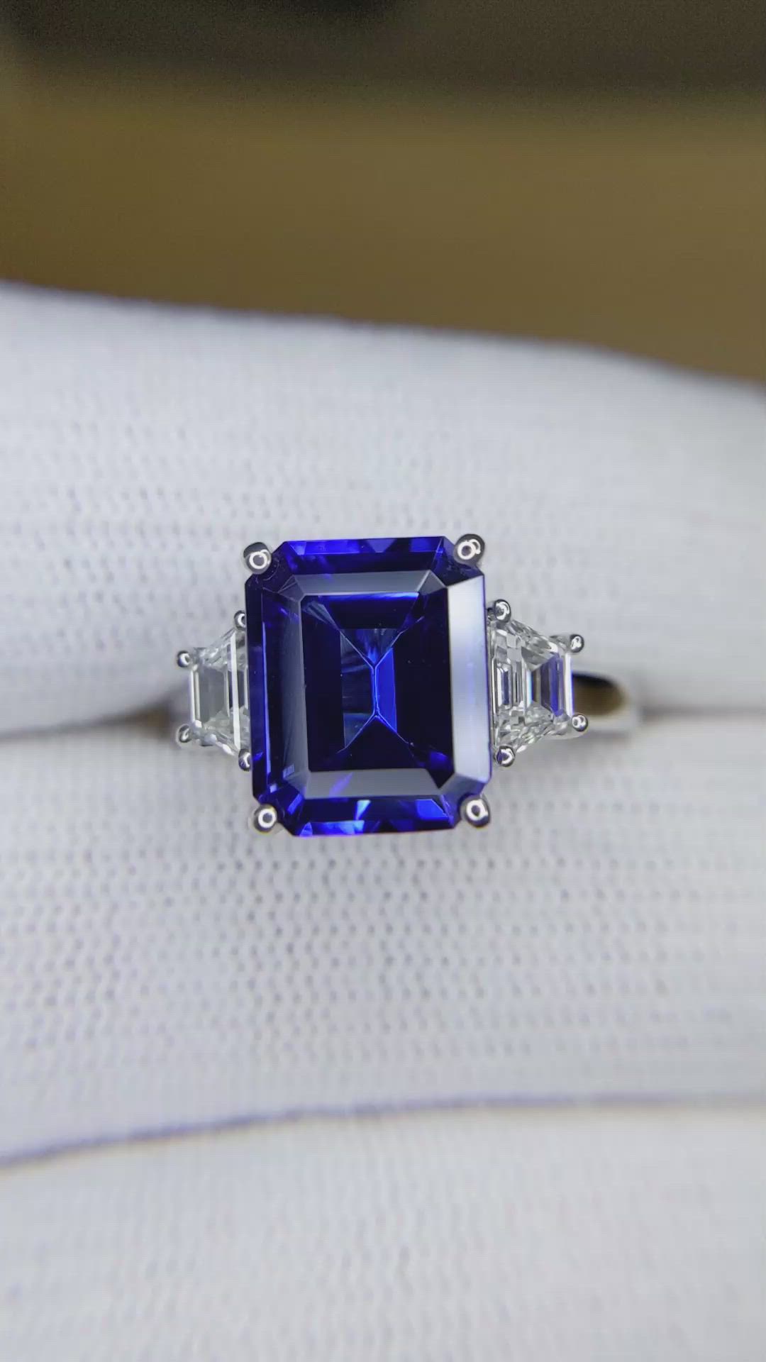4.60 Ct. Violetish Blue Tanzanite and Natural Diamond Three Stone Ring, 18K White Gold Size Video