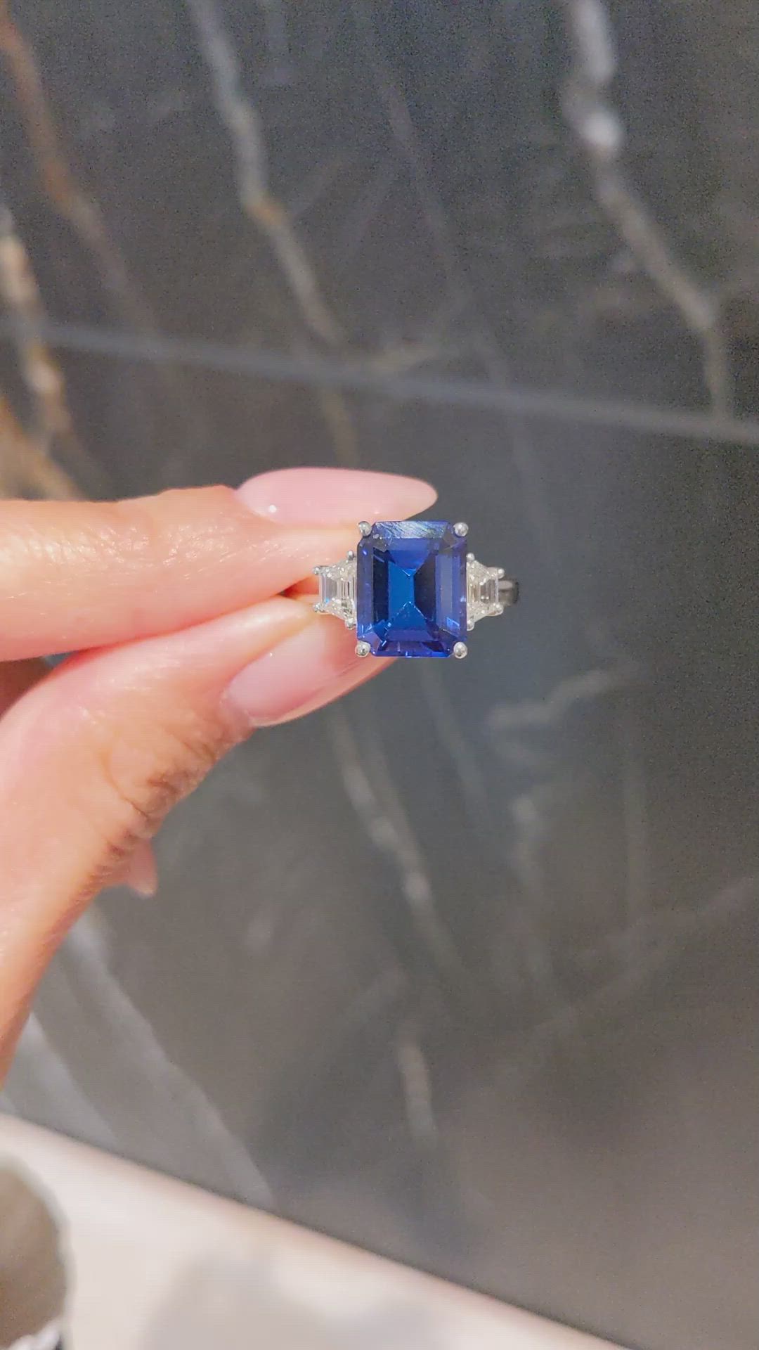 4.60 Ct. Violetish Blue Tanzanite and Natural Diamond Three Stone Ring, 18K White Gold Size Video