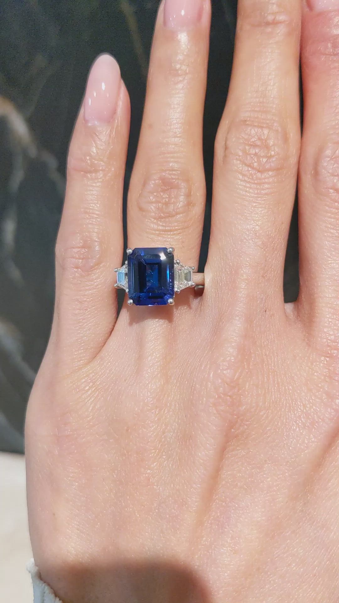 4.60 Ct. Violetish Blue Tanzanite and Natural Diamond Three Stone Ring, 18K White Gold Size Video