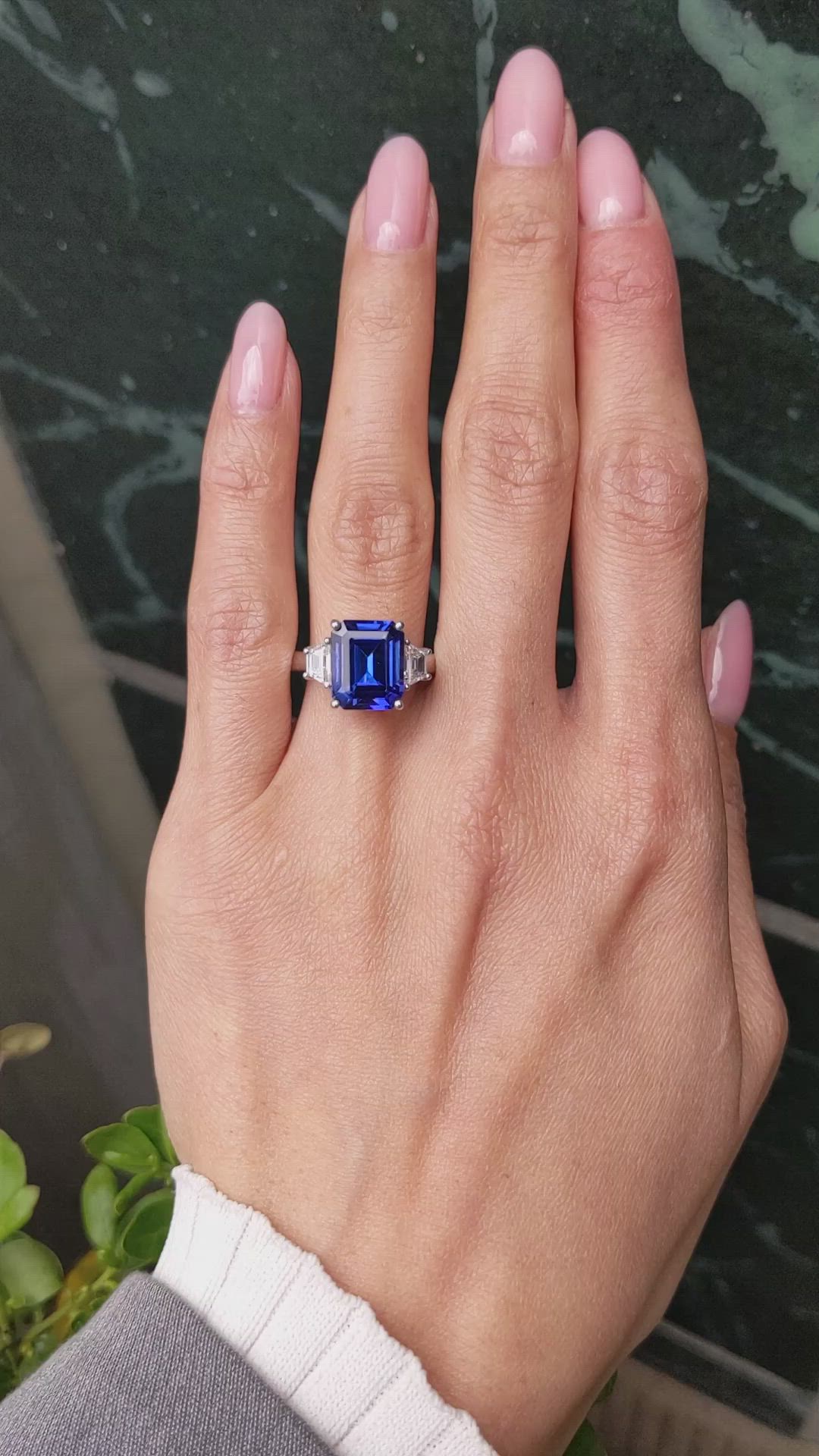 4.60 Ct. Violetish Blue Tanzanite and Natural Diamond Three Stone Ring, 18K White Gold Size Video