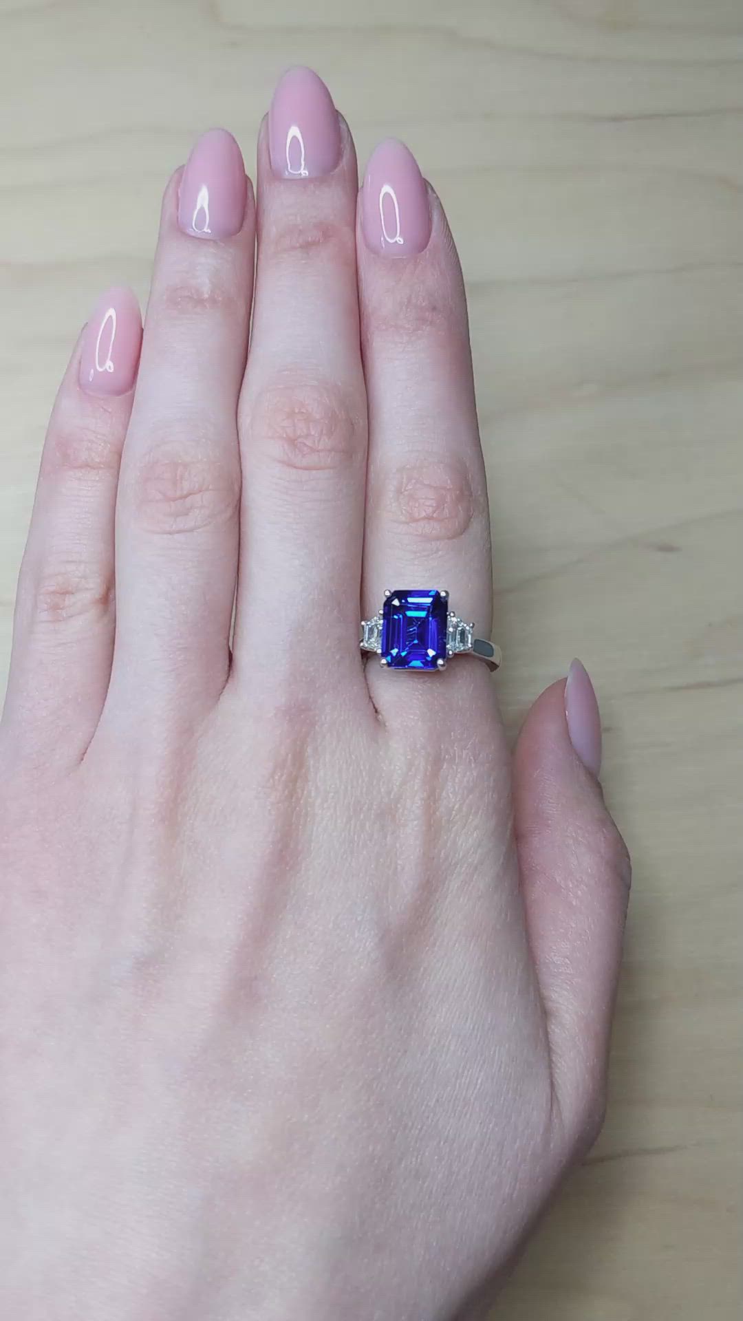 4.60 Ct. Violetish Blue Tanzanite and Natural Diamond Three Stone Ring, 18K White Gold Size Video