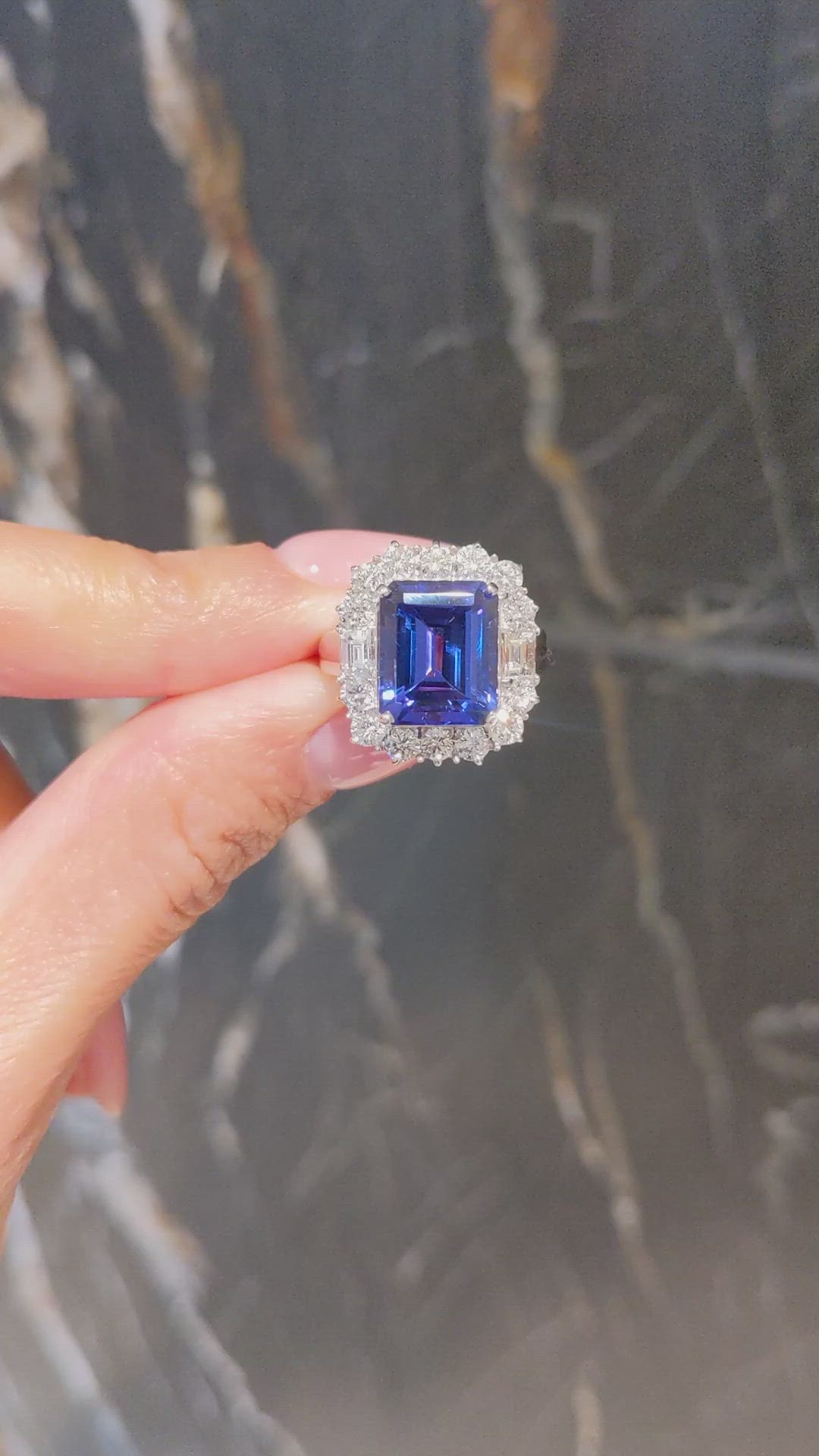 5.12 Ct. Violet Tanzanite and Natural Diamond Pave Ring, 18K White Gold Size Video