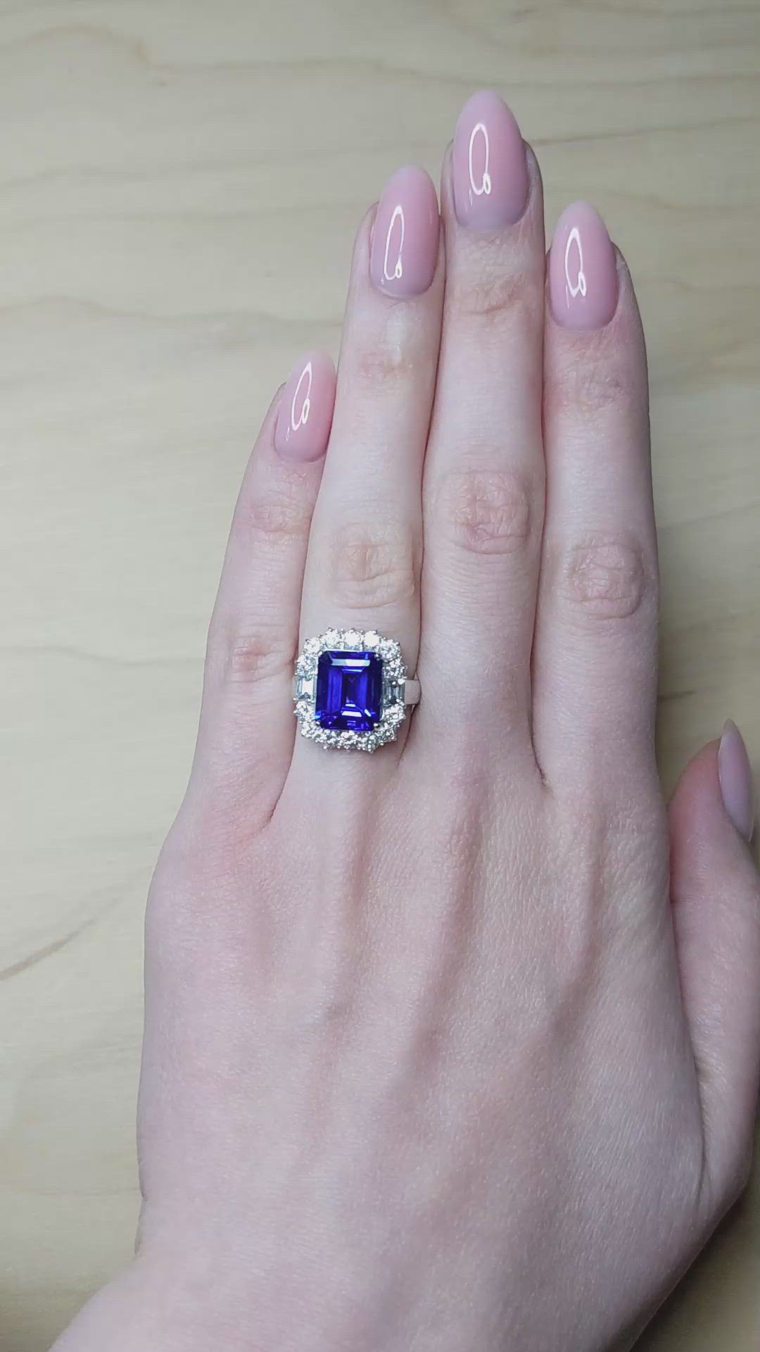 5.12 Ct. Violet Tanzanite and Natural Diamond Pave Ring, 18K White Gold Size Video