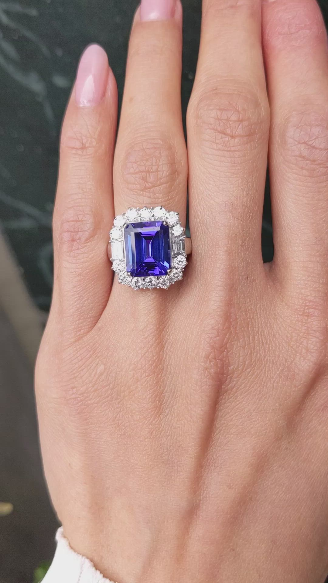 5.12 Ct. Violet Tanzanite and Natural Diamond Pave Ring, 18K White Gold Size Video