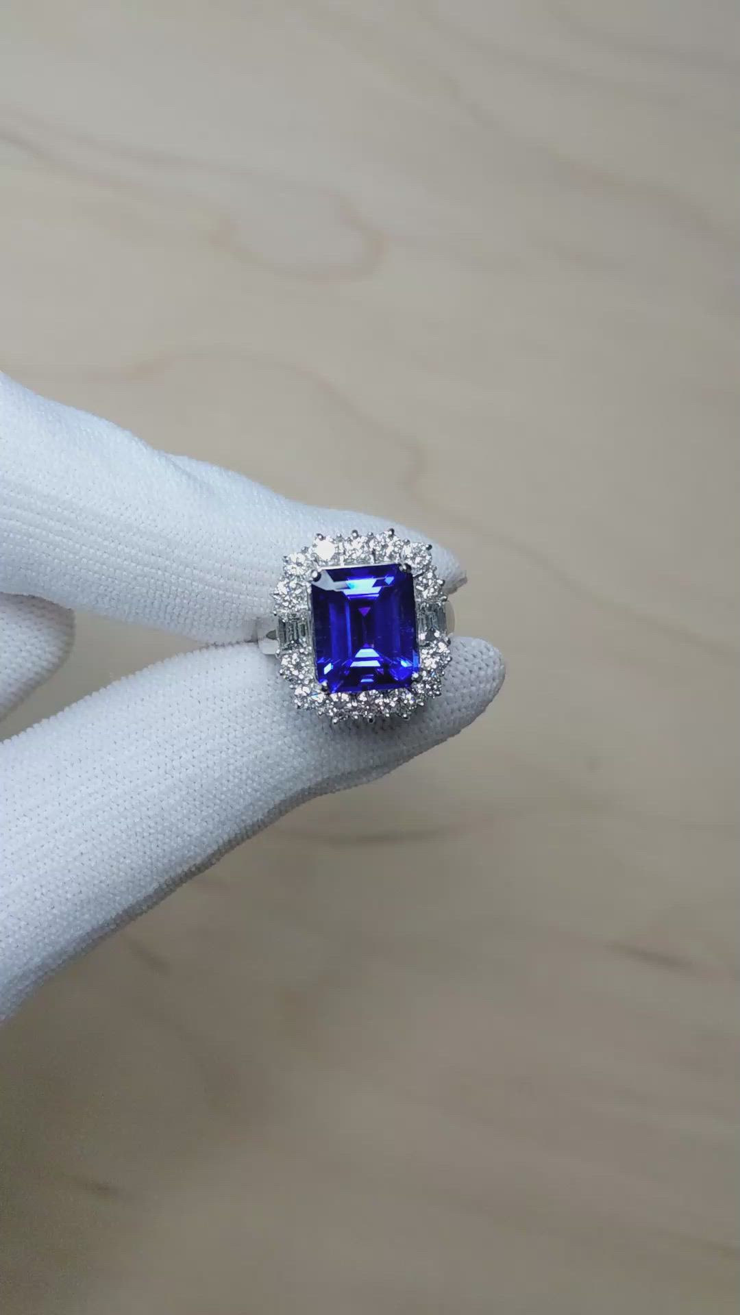 5.12 Ct. Violet Tanzanite and Natural Diamond Pave Ring, 18K White Gold Size Video
