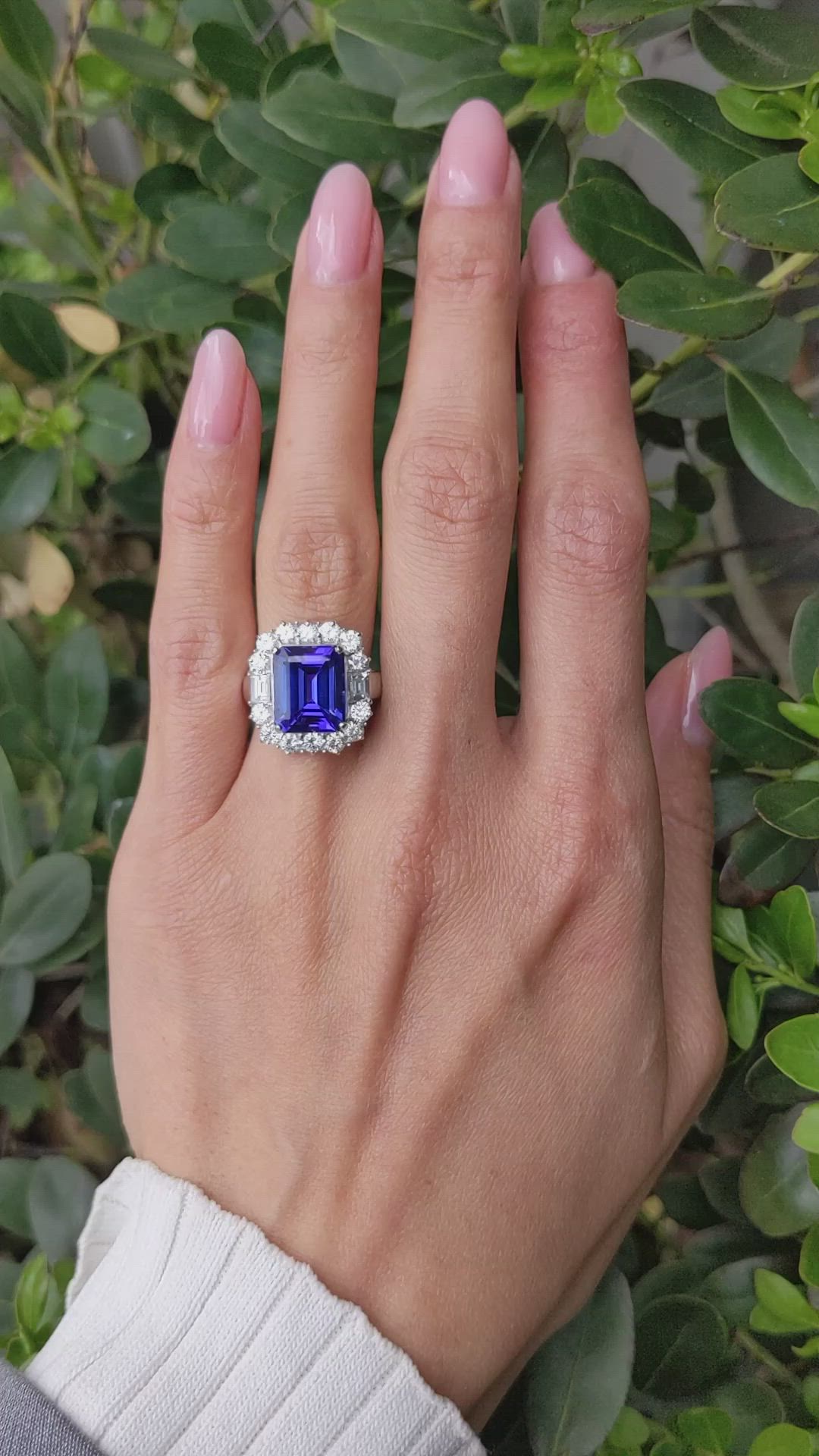 5.12 Ct. Violet Tanzanite and Natural Diamond Pave Ring, 18K White Gold Size Video