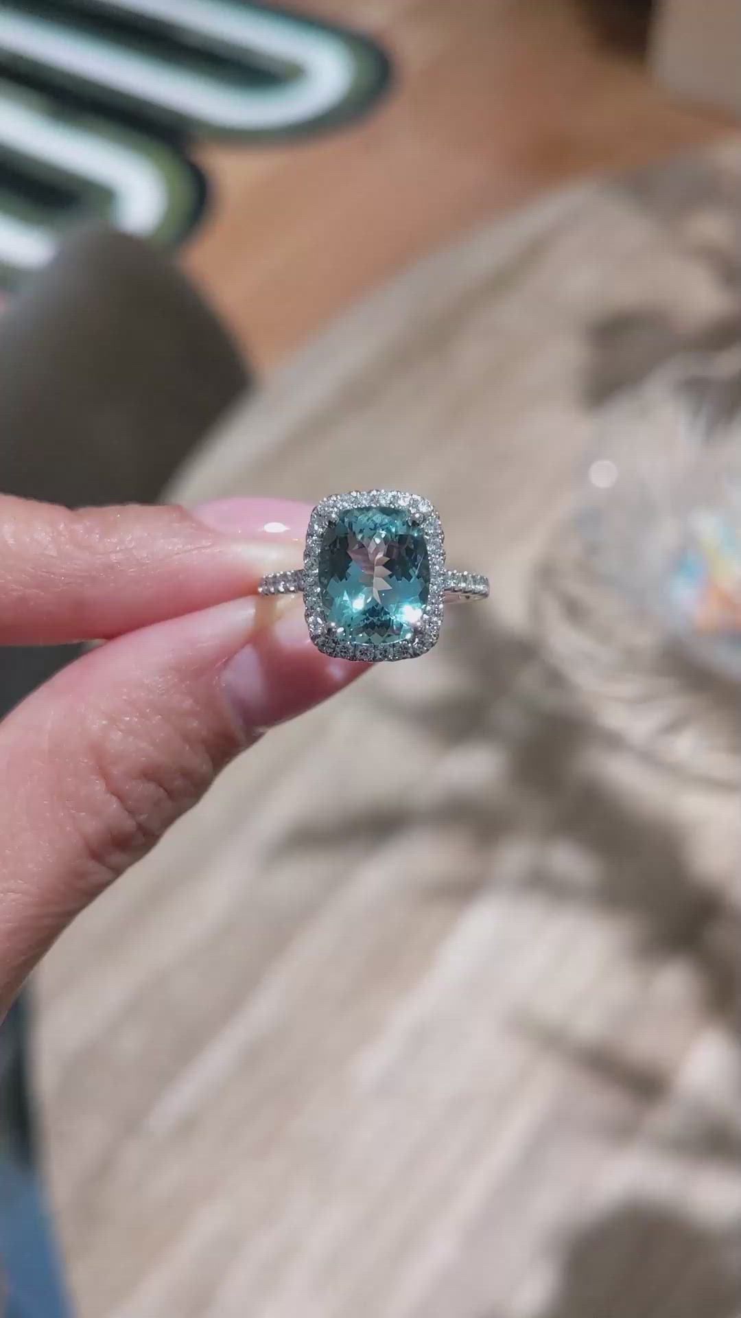 3.00 Ct. Blue Aquamarine and Natural Diamond Pave Ring, 18K White Gold Size Video