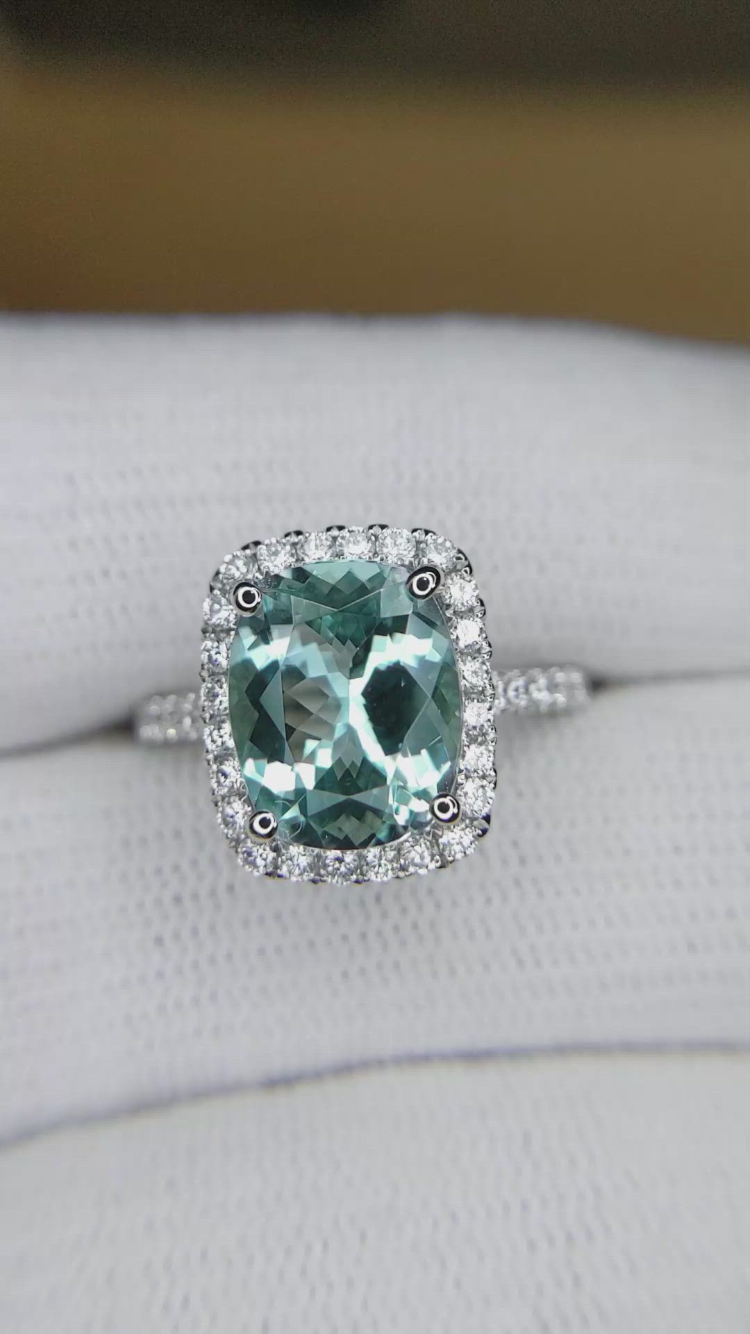 3.00 Ct. Blue Aquamarine and Natural Diamond Pave Ring, 18K White Gold Size Video