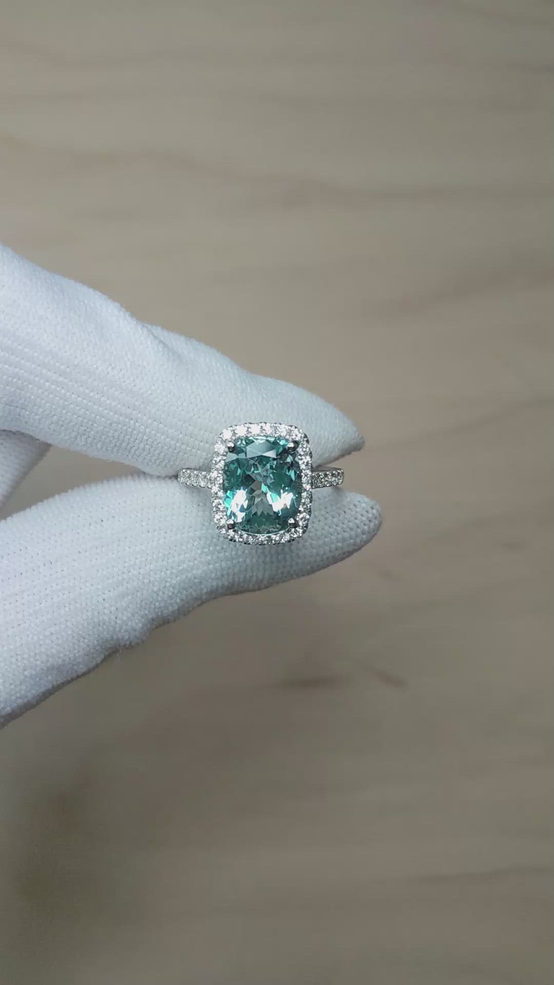 3.00 Ct. Blue Aquamarine and Natural Diamond Pave Ring, 18K White Gold Size Video