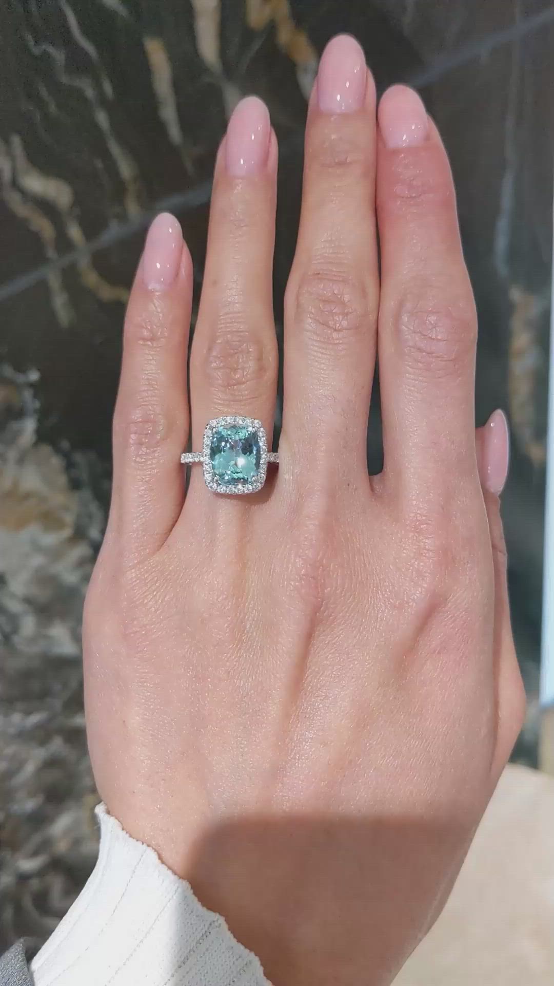 3.00 Ct. Blue Aquamarine and Natural Diamond Pave Ring, 18K White Gold Size Video