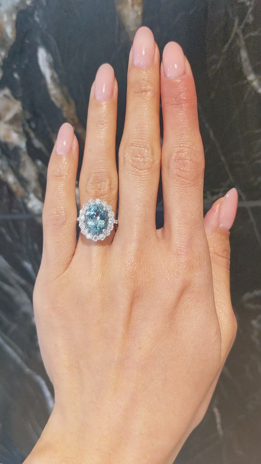 3.07 Ct. Bluish Green Aquamarine and Natural Diamond Pave Ring, 18K White Gold Size Video