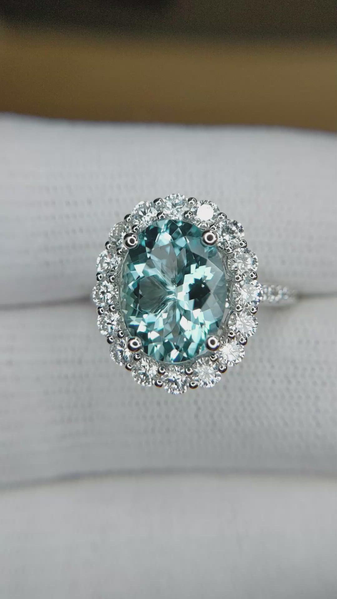 3.07 Ct. Bluish Green Aquamarine and Natural Diamond Pave Ring, 18K White Gold Size Video