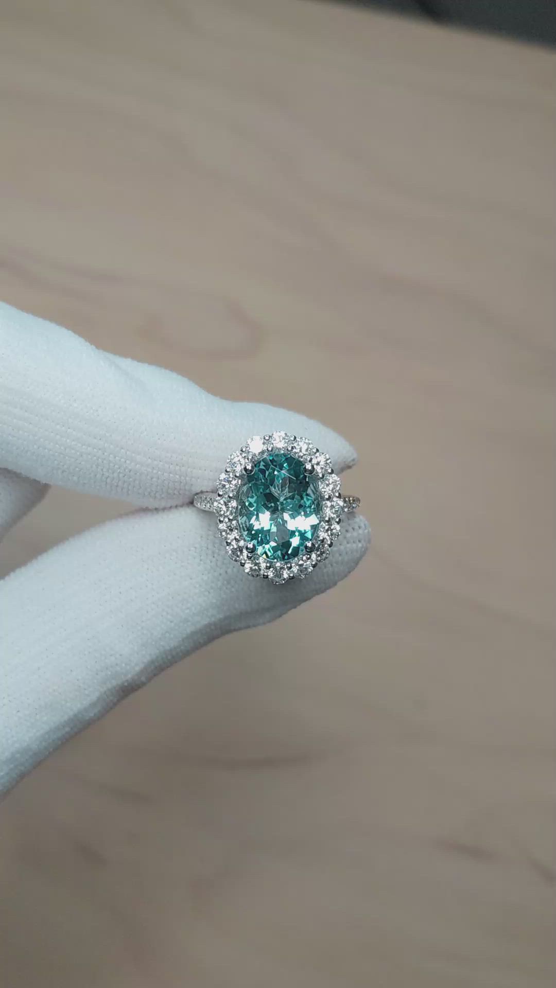 3.07 Ct. Bluish Green Aquamarine and Natural Diamond Pave Ring, 18K White Gold Size Video
