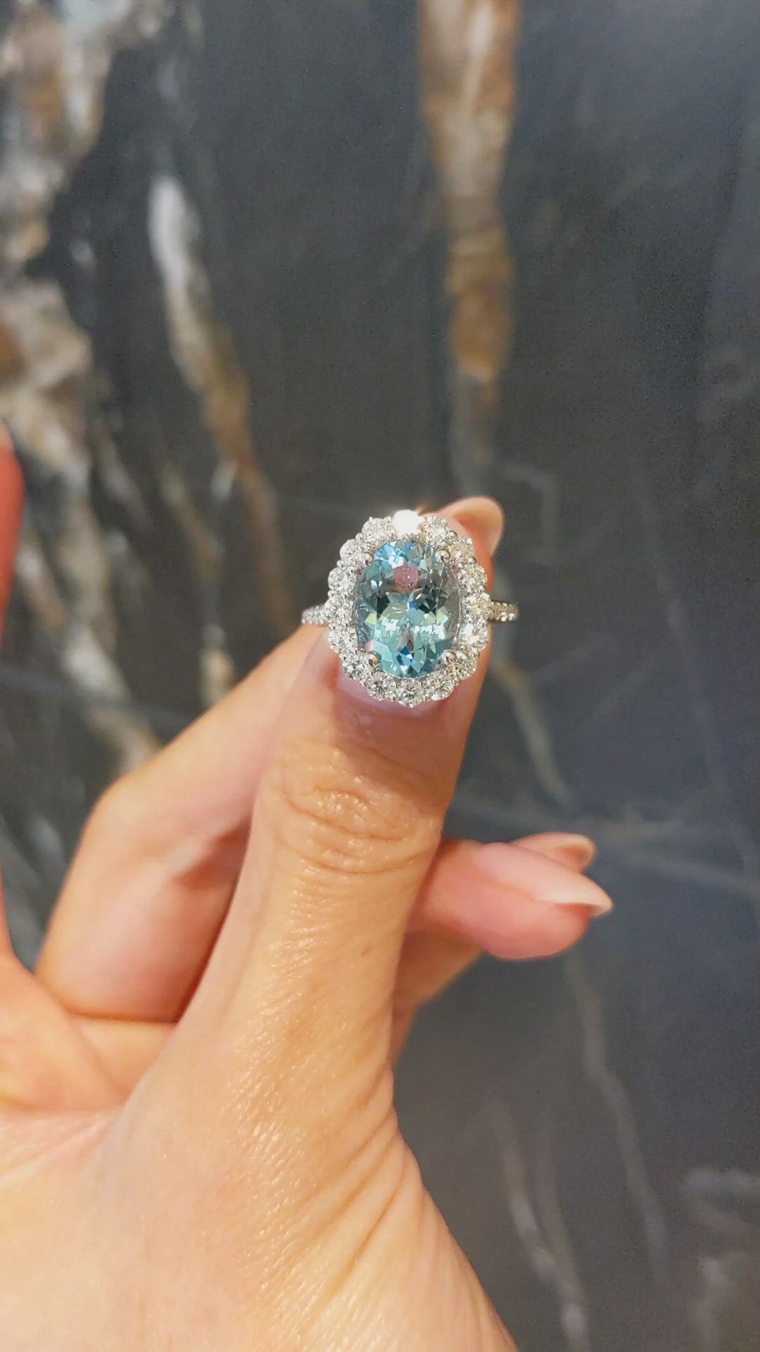 3.07 Ct. Bluish Green Aquamarine and Natural Diamond Pave Ring, 18K White Gold Size Video