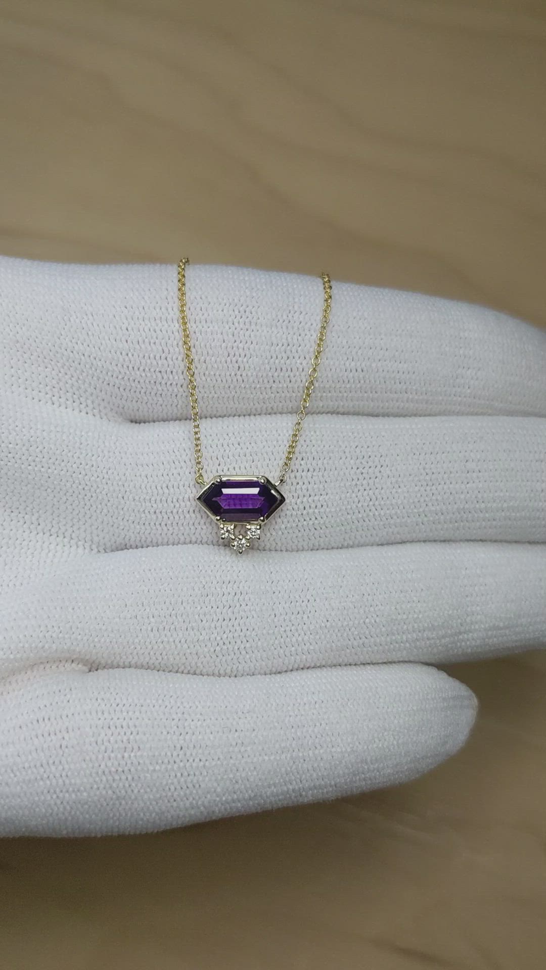 0.90 Ct. Purple Amethyst and Natural Diamond Bezel Necklace, 14K Yellow Gold Size Video