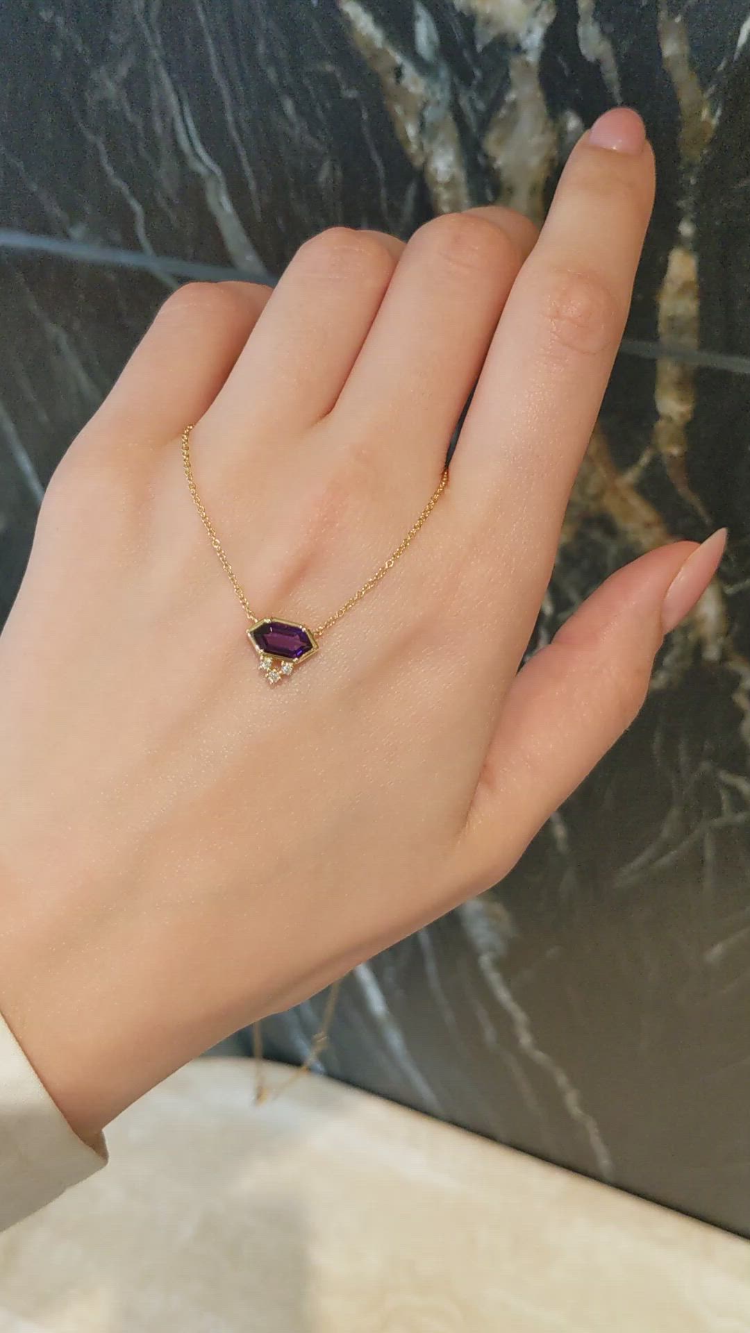 0.90 Ct. Purple Amethyst and Natural Diamond Bezel Necklace, 14K Yellow Gold Size Video