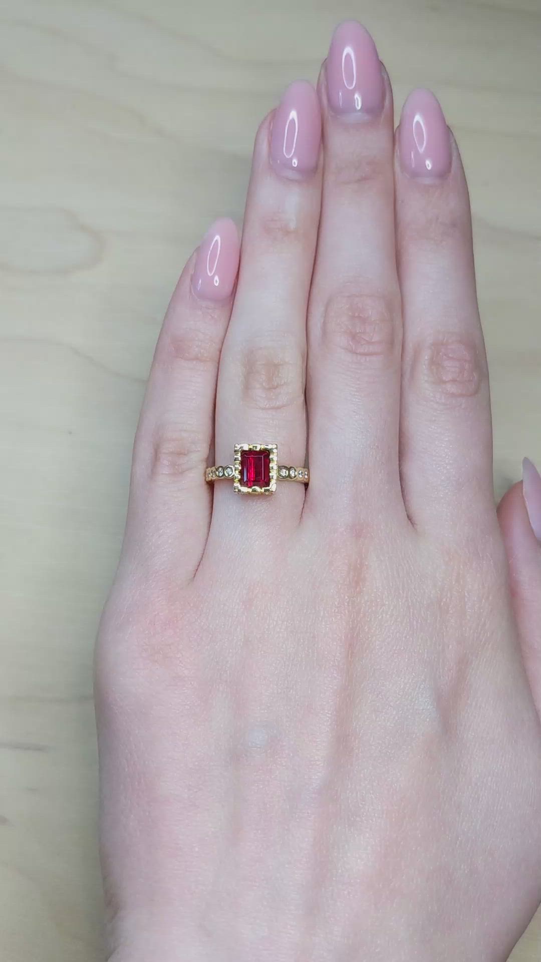 0.86 Ct. Red Red Beryl and Natural Diamond Pave Ring, 18K Yellow Gold Size Video