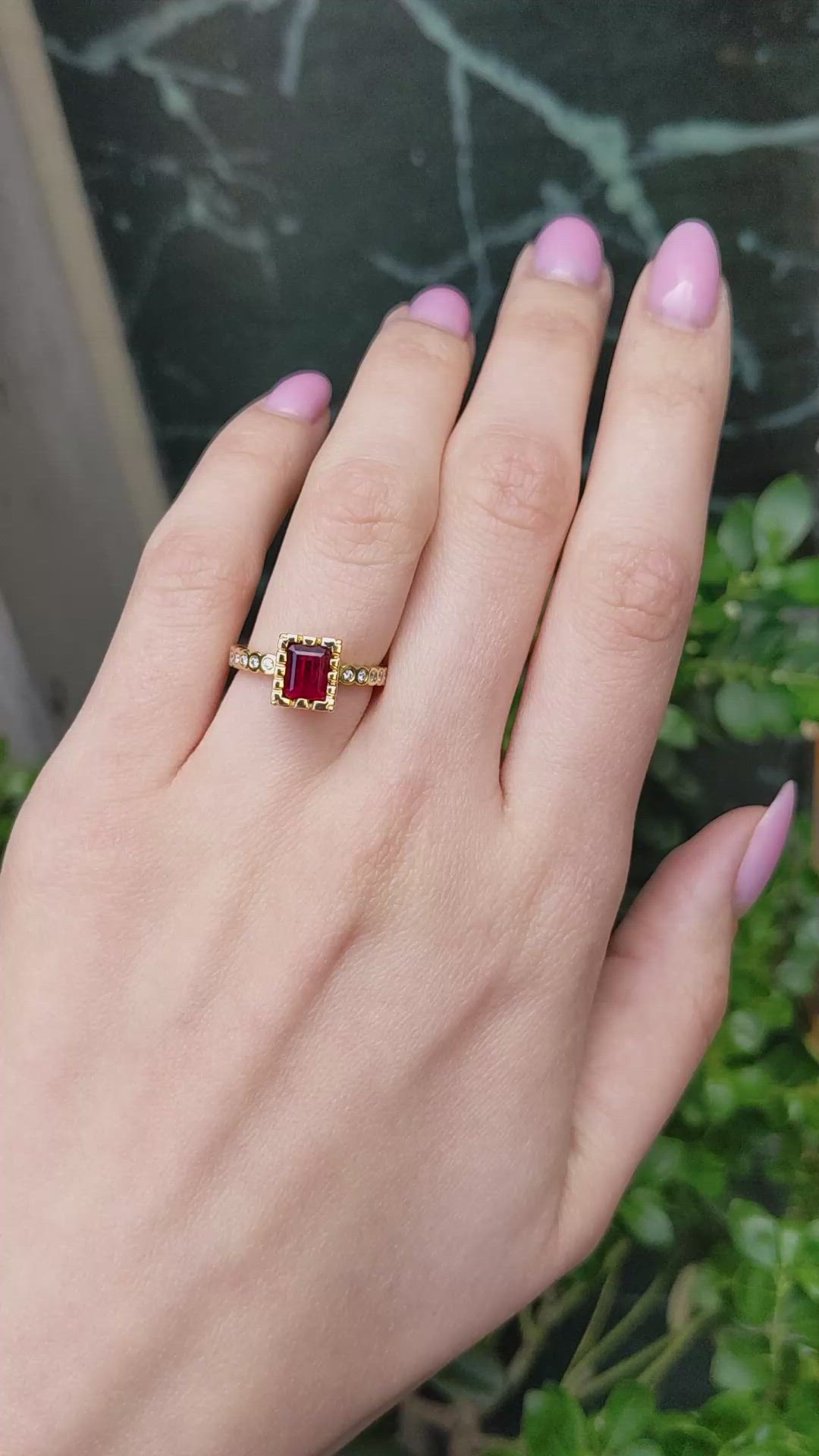 0.86 Ct. Red Red Beryl and Natural Diamond Pave Ring, 18K Yellow Gold Size Video