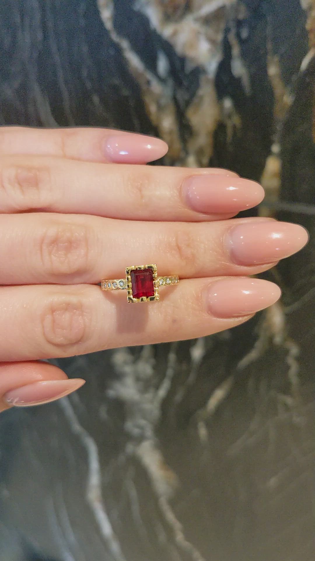0.86 Ct. Red Red Beryl and Natural Diamond Pave Ring, 18K Yellow Gold Size Video