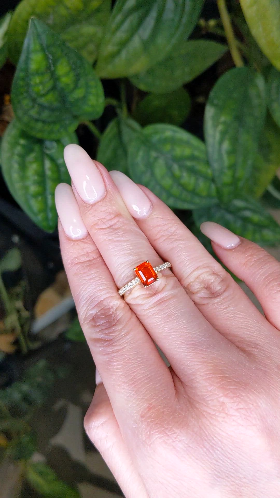 0.91 Ct. Orange Opal and Natural Diamond Pave Ring, 18K Yellow Gold Size Video