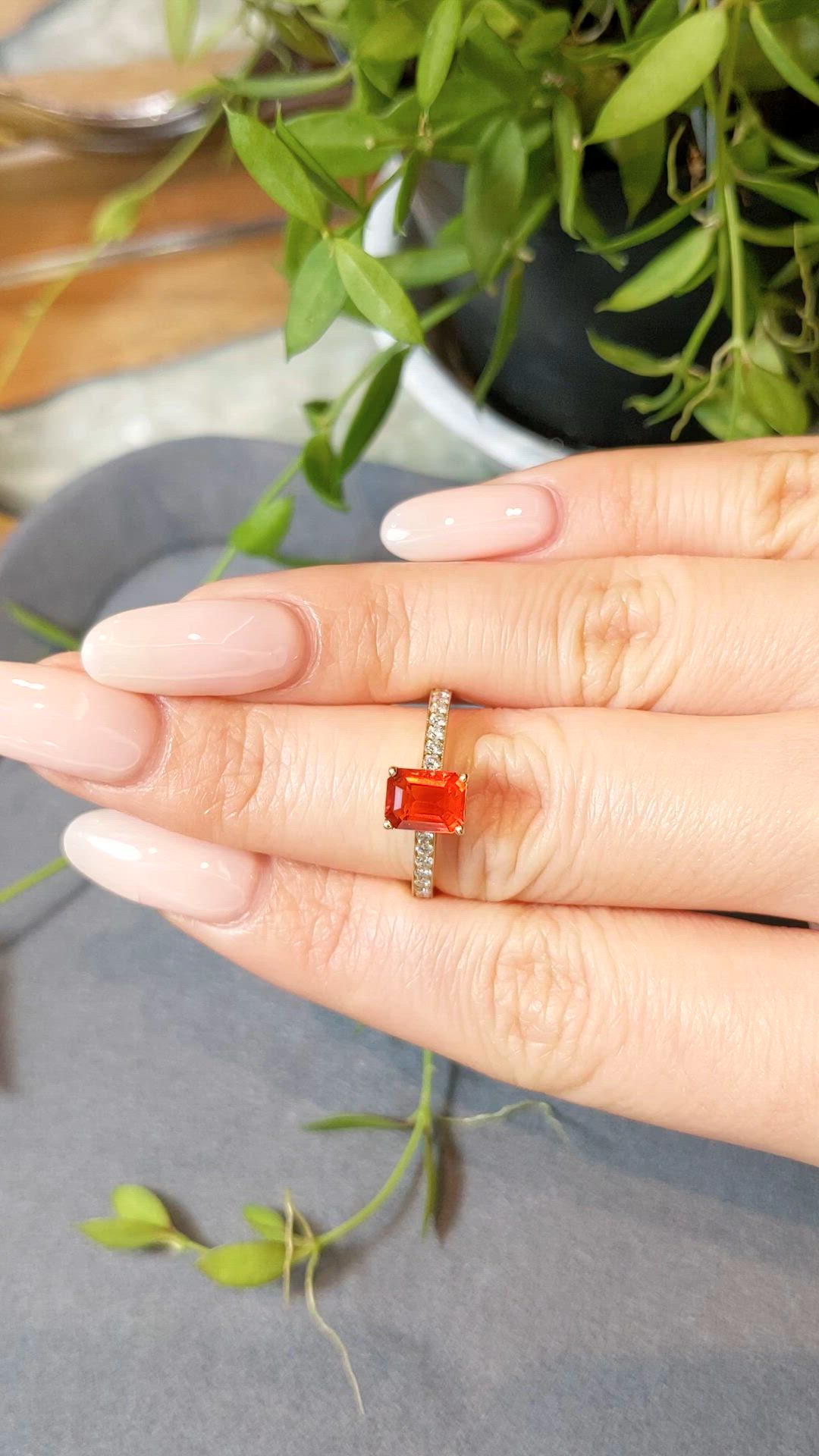 0.91 Ct. Orange Opal and Natural Diamond Pave Ring, 18K Yellow Gold Size Video