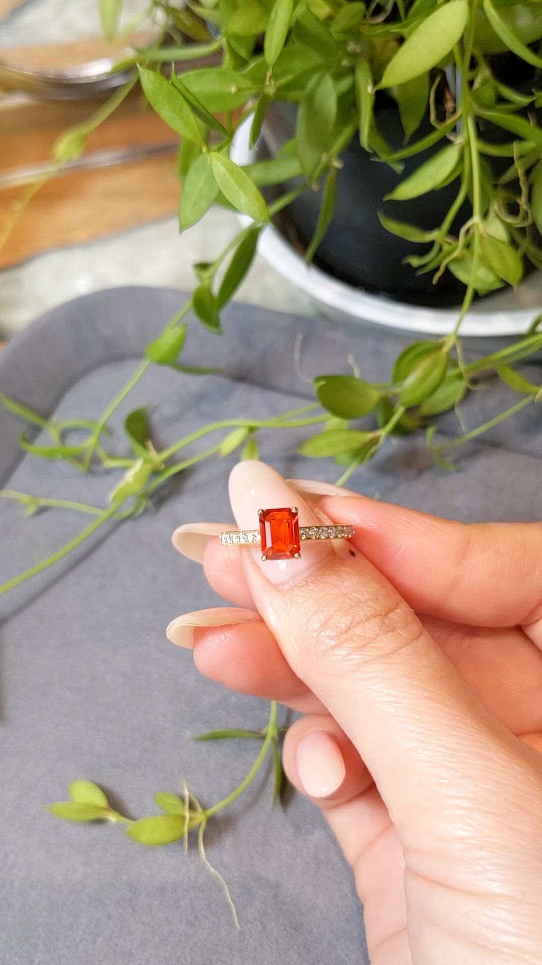 0.91 Ct. Orange Opal and Natural Diamond Pave Ring, 18K Yellow Gold Size Video